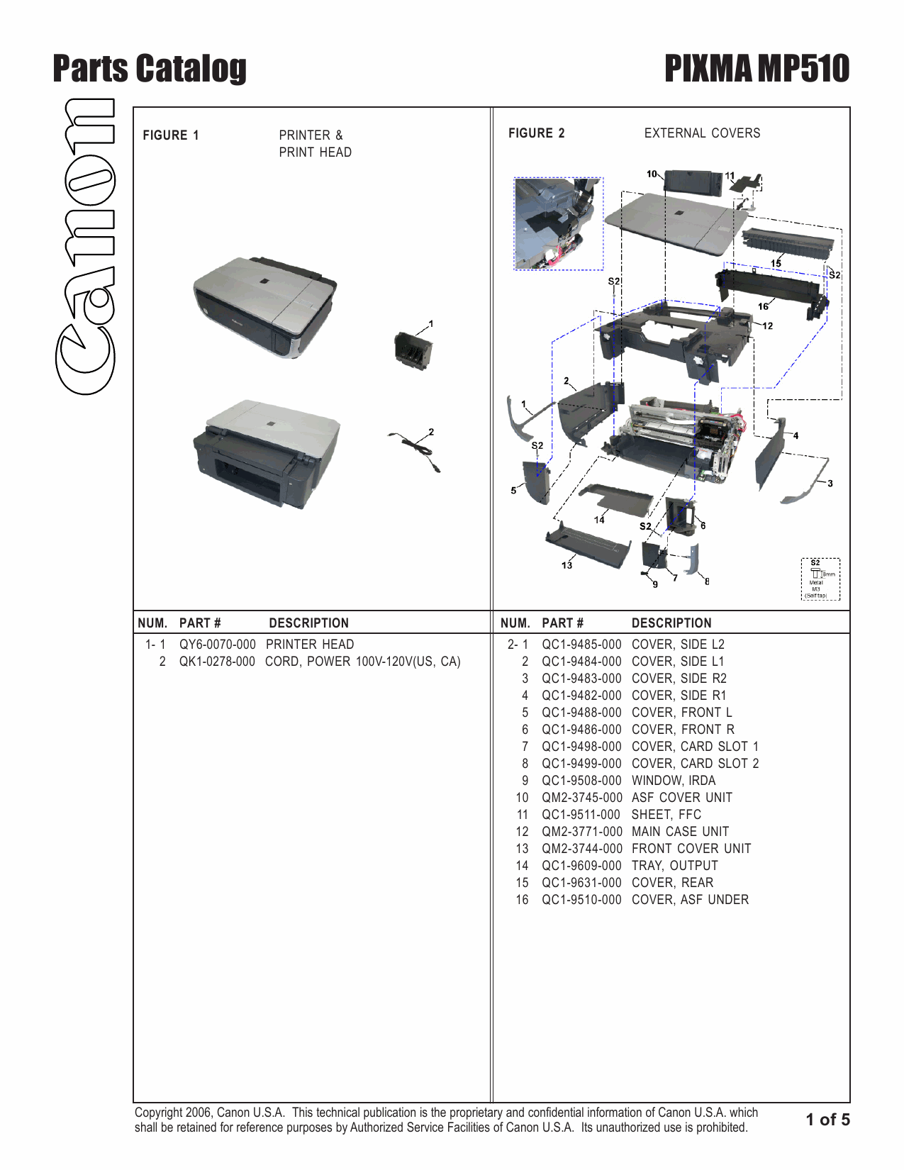 Canon PIXMA MP510 Parts Catalog Manual